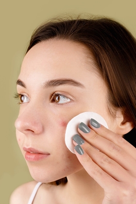woman with acne cleaning her skin