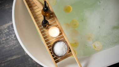 organic skincare products in bathroom